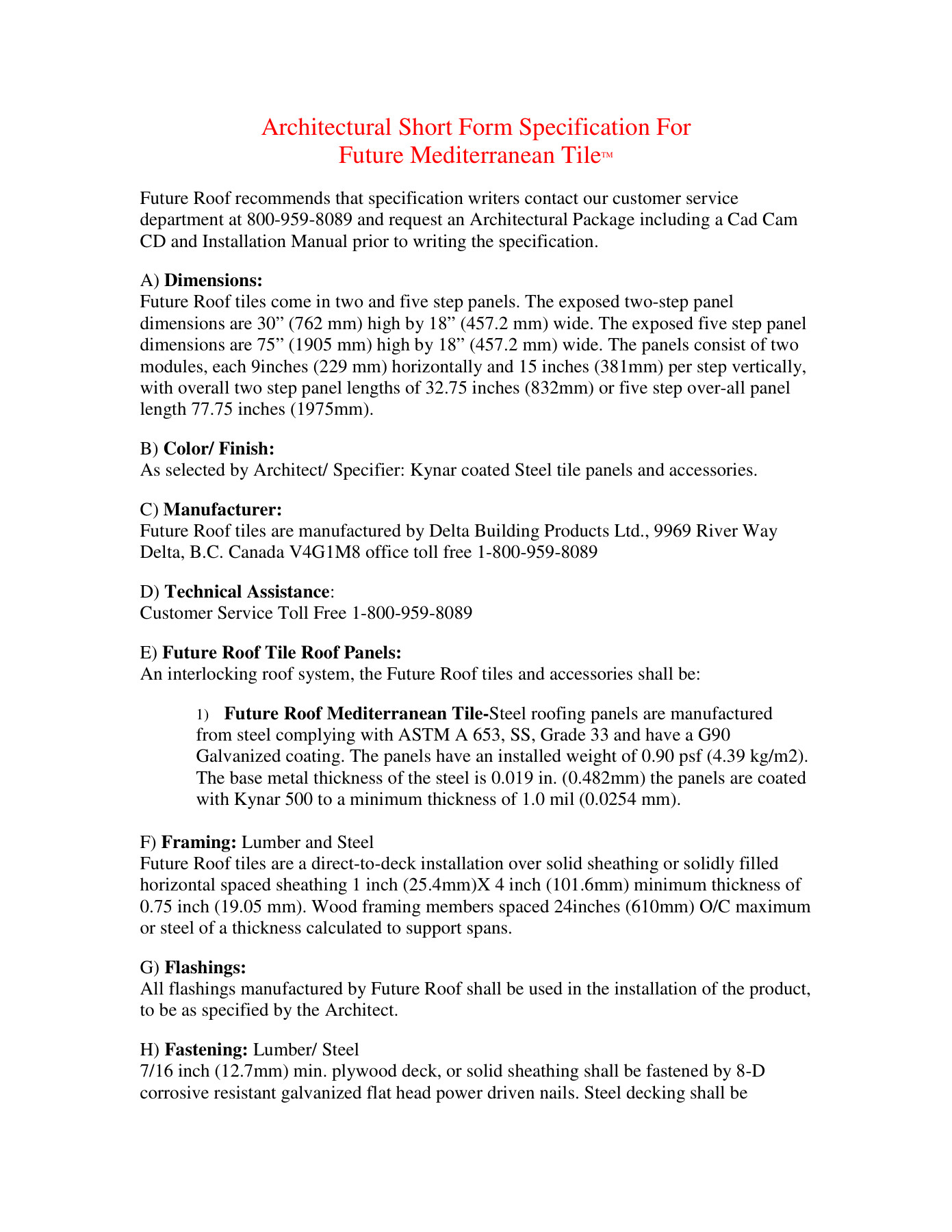Future Roof Mediterranean Tile — Architectural Short Form Specification cover