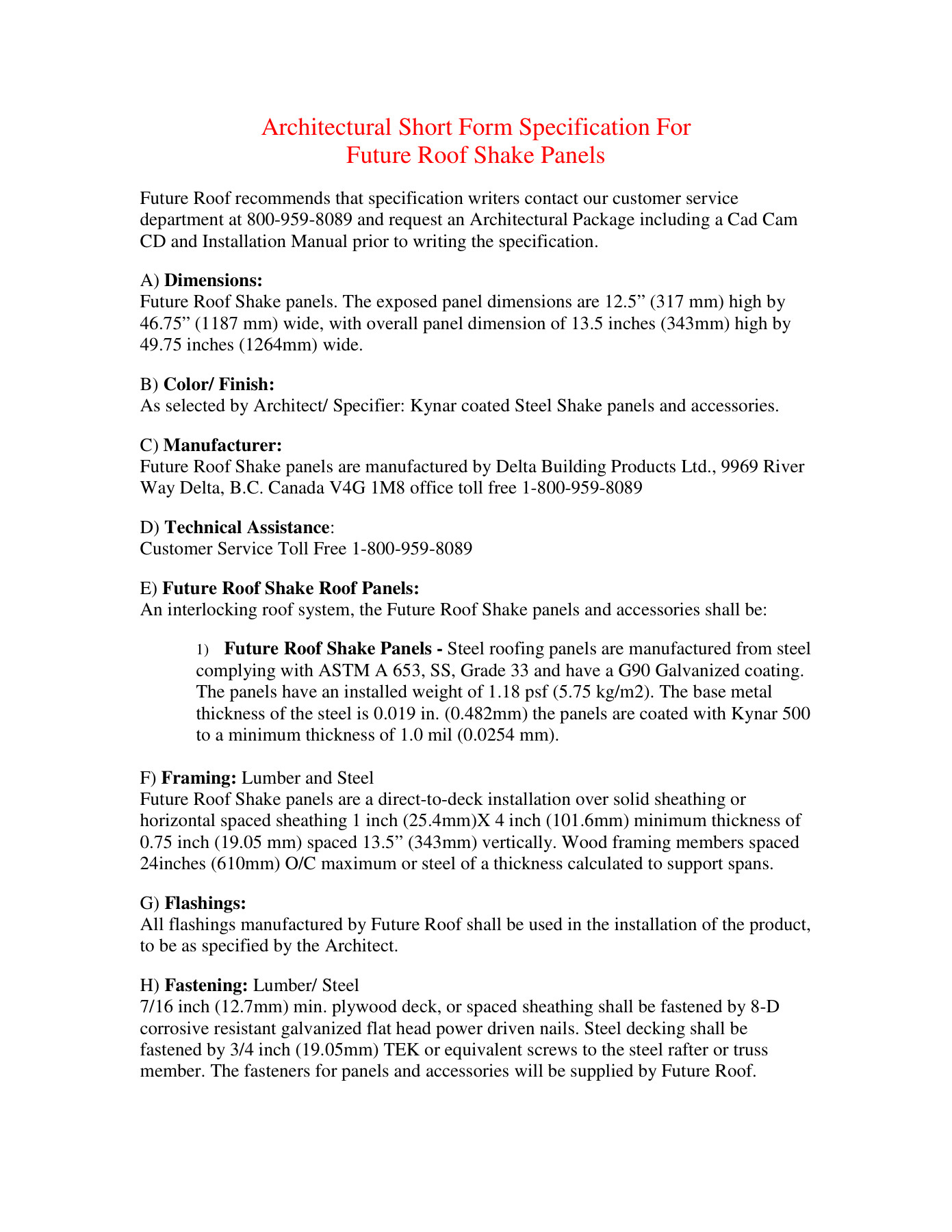 Future Roof Shake — Architectural Short Form Specification cover