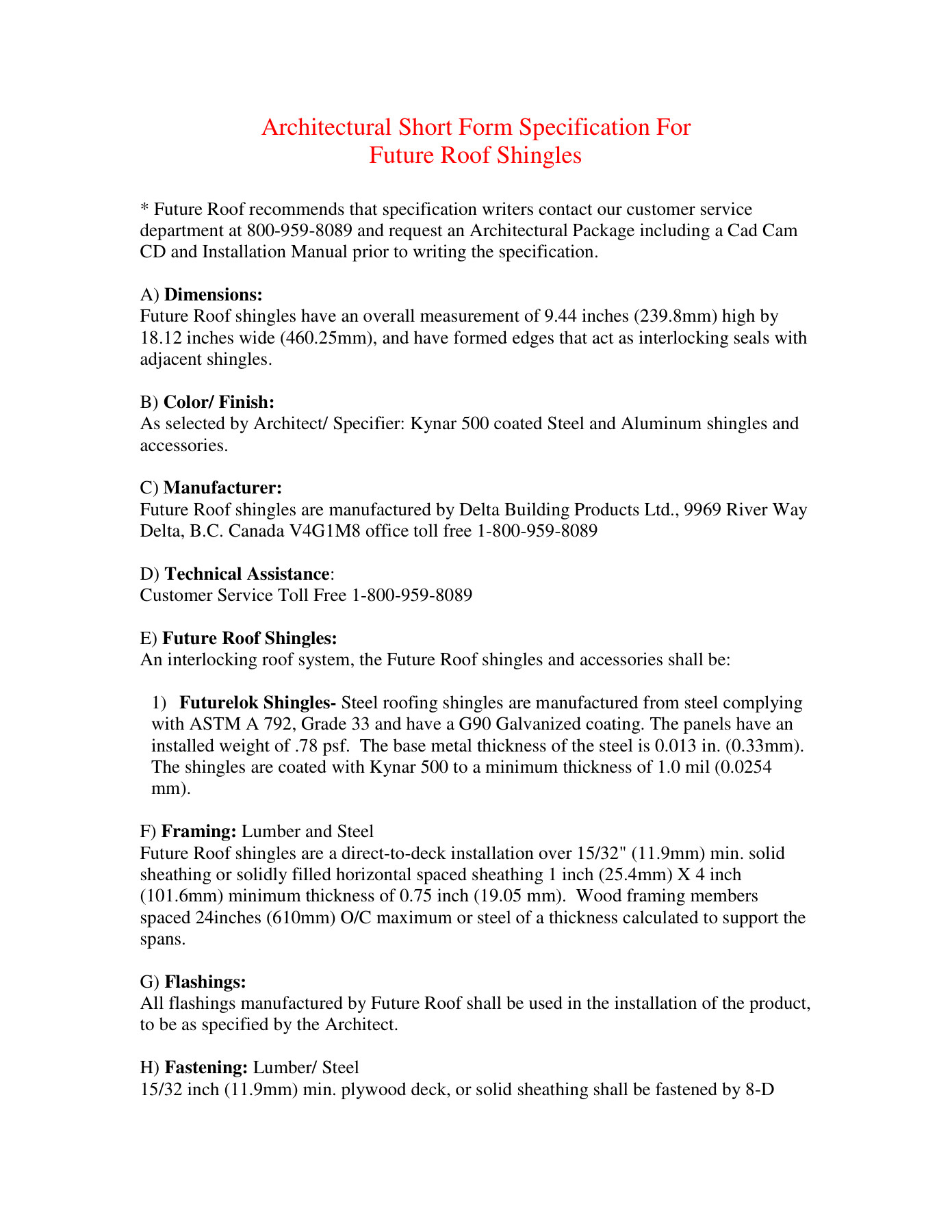 Future Roof Shingle — Architectural Short Form Specification cover