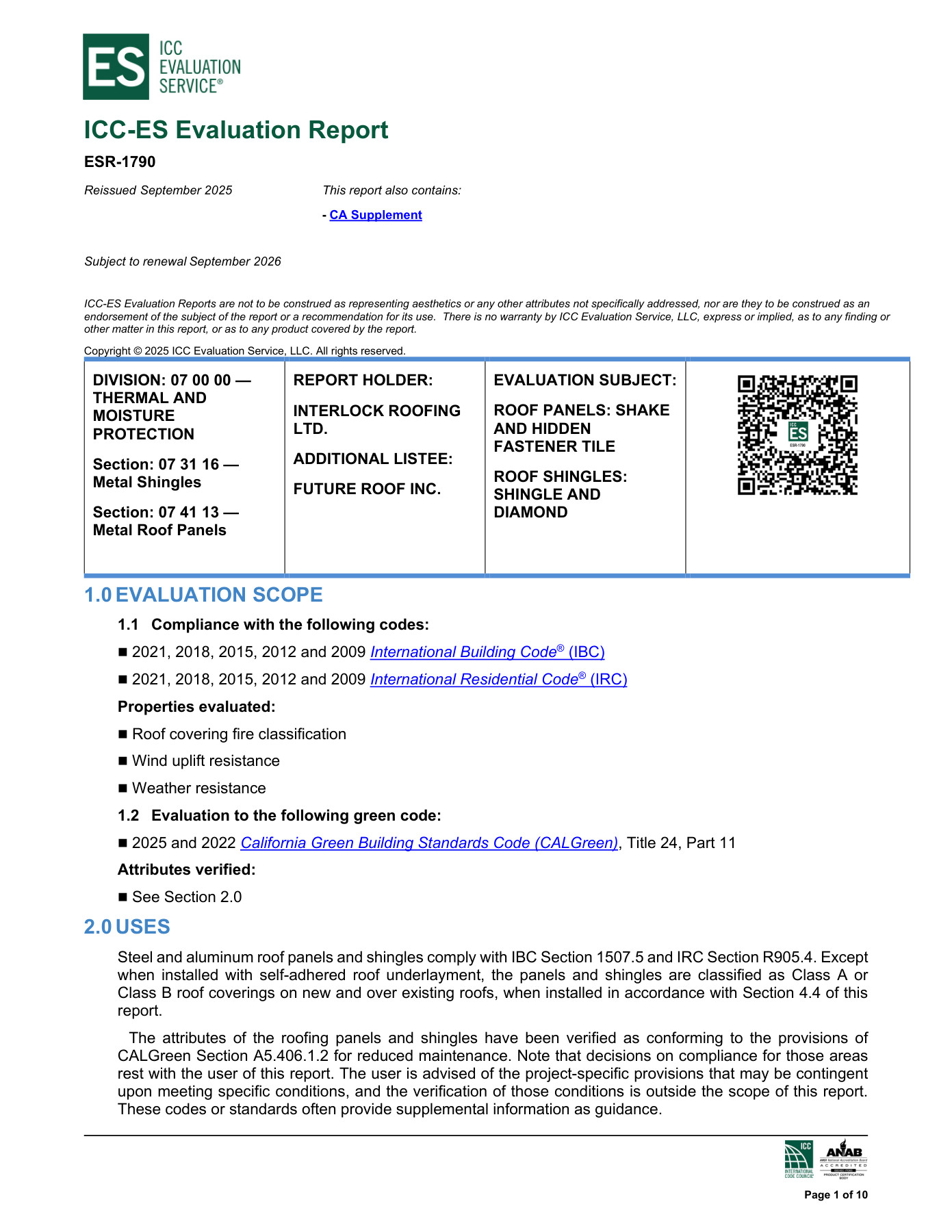 Interlock® Metal Roofing — ICC-ES Evaluation Report ESR-1790 cover
